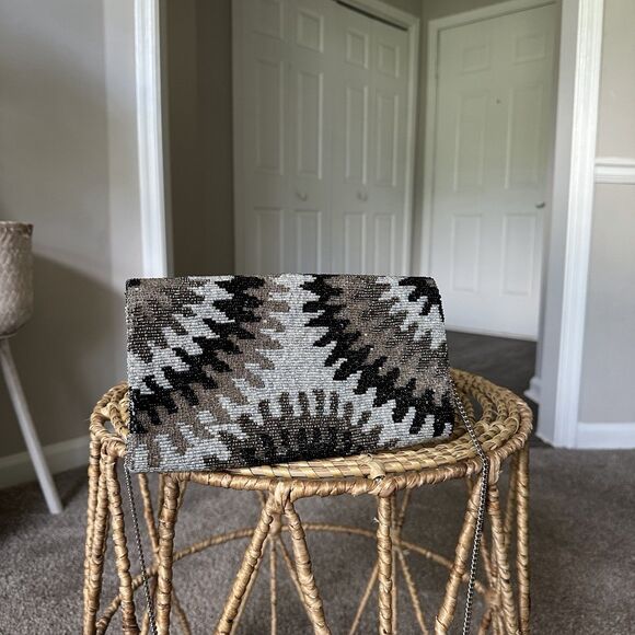 Hand Beaded Silver Luna Bag By James Ascher $194 Evening Clutch Silver Black - Picture 2 of 9